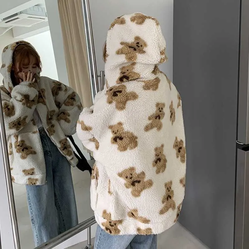 Frauen Hoodies Zipper Teddy Mantel Harajuku Lose Kawaii Kleidung S Korea Sweatshirt Übergroßen Hoodie 210914