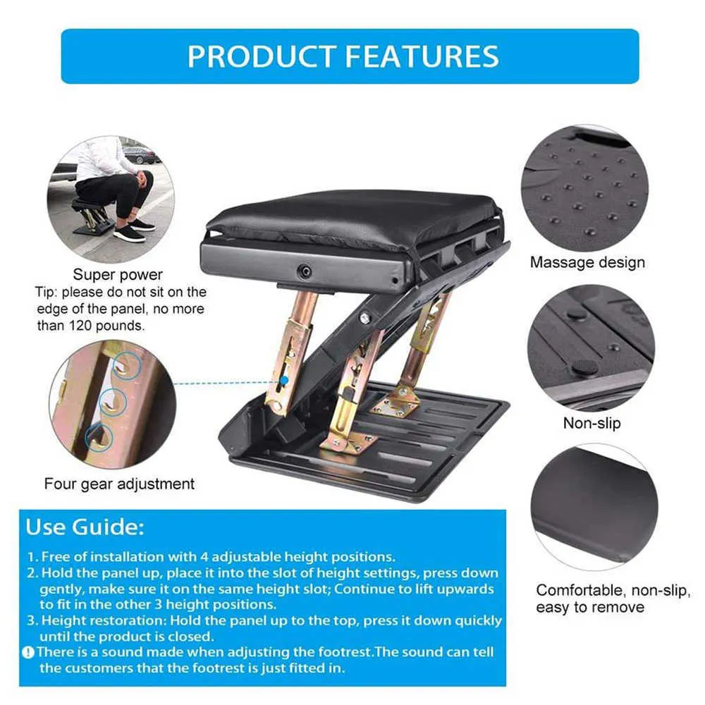 4Level Adjustable Car Footrest with Removable Soft Pad Max-Load 120Lbs Foldable Chair Foot Rest Stool Chair with Massaging Beads