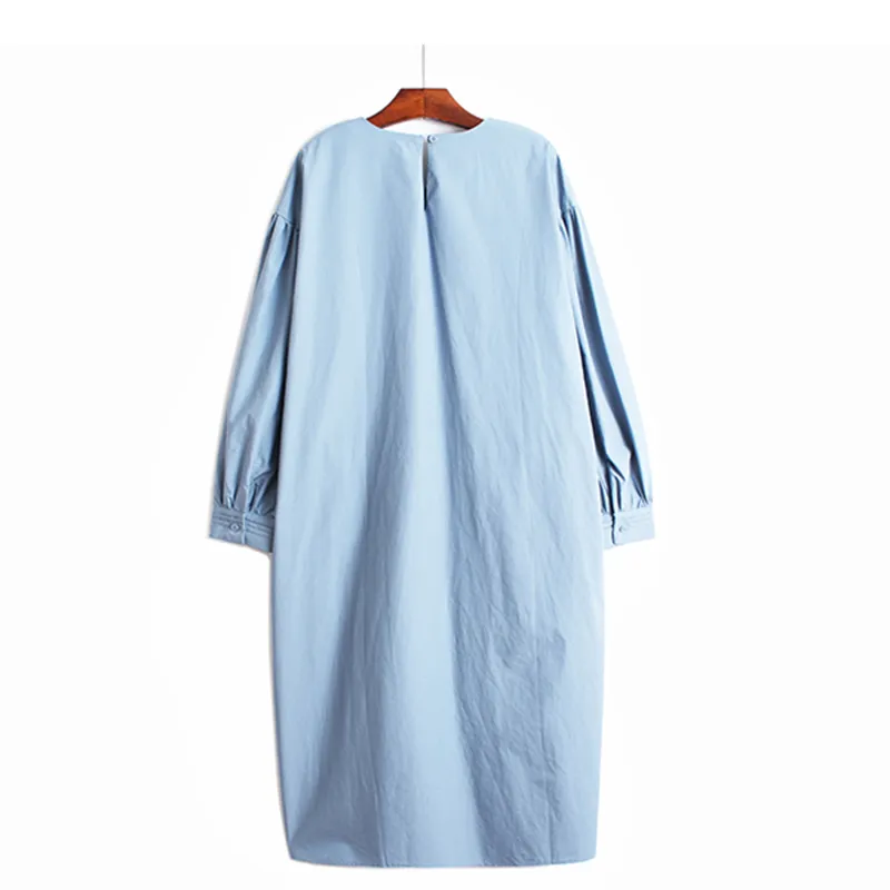 [EAM] Women Blue Pleated Big Size Midi Dress Round Neck Long Sleeve Loose Fit Fashion Spring Autumn 1DD7779 21512