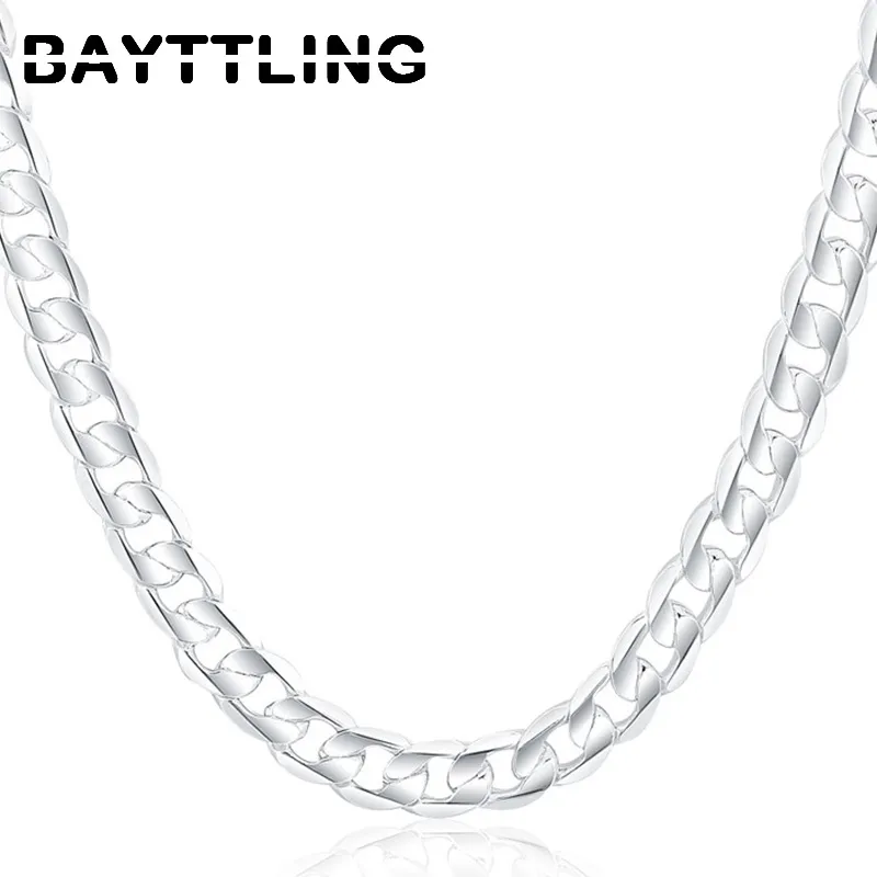 BAYTTLING 925 Plata 18 20 22 24 26 28 30 pulgadas 12 MM plano completo lateral Cuba cadena collar para Mujeres Hombres joyería de moda Gifts268j