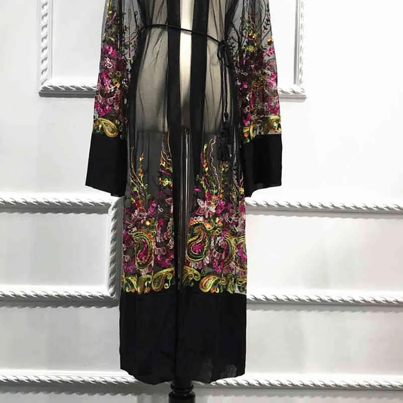 Plus Size Long Shirt Women Kimono Mujer Floral Embroidery Chiffon Mesh Blouse Cardigan Clothing Ropa Vetement Robe Chemise Femme 210323