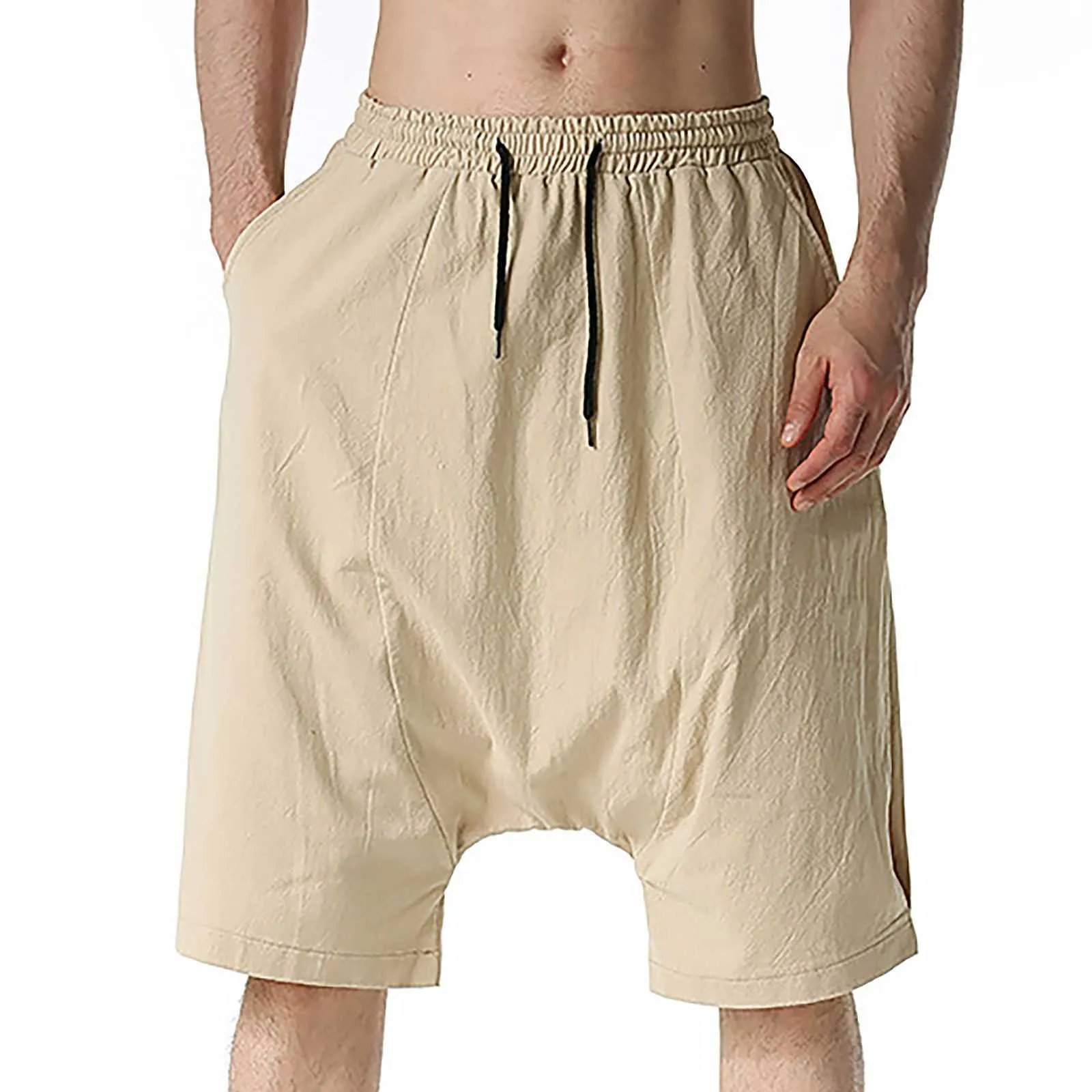 2021 été hommes nouvelle mode sarouel mâle couleur Pure respirant Vintage coton lin pantalon hommes lâche maison décontracté Shorts X0705