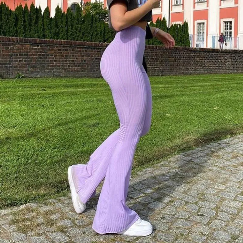 OMSJ Knitted Ribbed Strip Womens High Waist Flare Pants Purple Sexy Slim Long Trousers Basic Solid Casual Sweatpants Female 210517