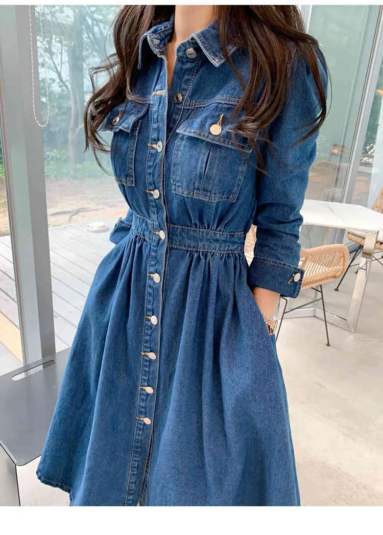 Vår Höst Mode Vintage Denim Lapel Collar Single-breasted High Elastic Waist Casual Lång Klänning Kvinna Vestidos 210518