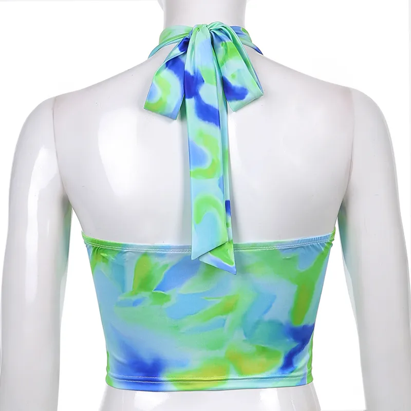 Tie Dye Imprimé Y2K Halter Crop Top Femmes D'été Chic Sans Manches Up Dos Nu Tee Party Tank Femme Chemise Beachwear 210510