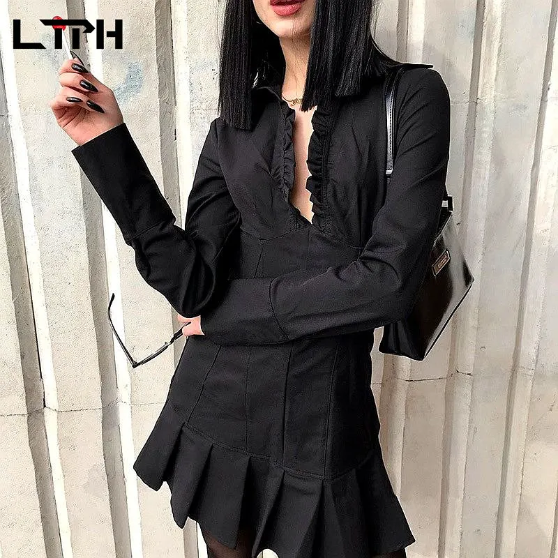 Tlph Insスタイルシンプルな黒いシャツのドレス女性長袖ラペルの折りたたみエレガントなフリルセクシーな短いプリーツのドレス秋210427
