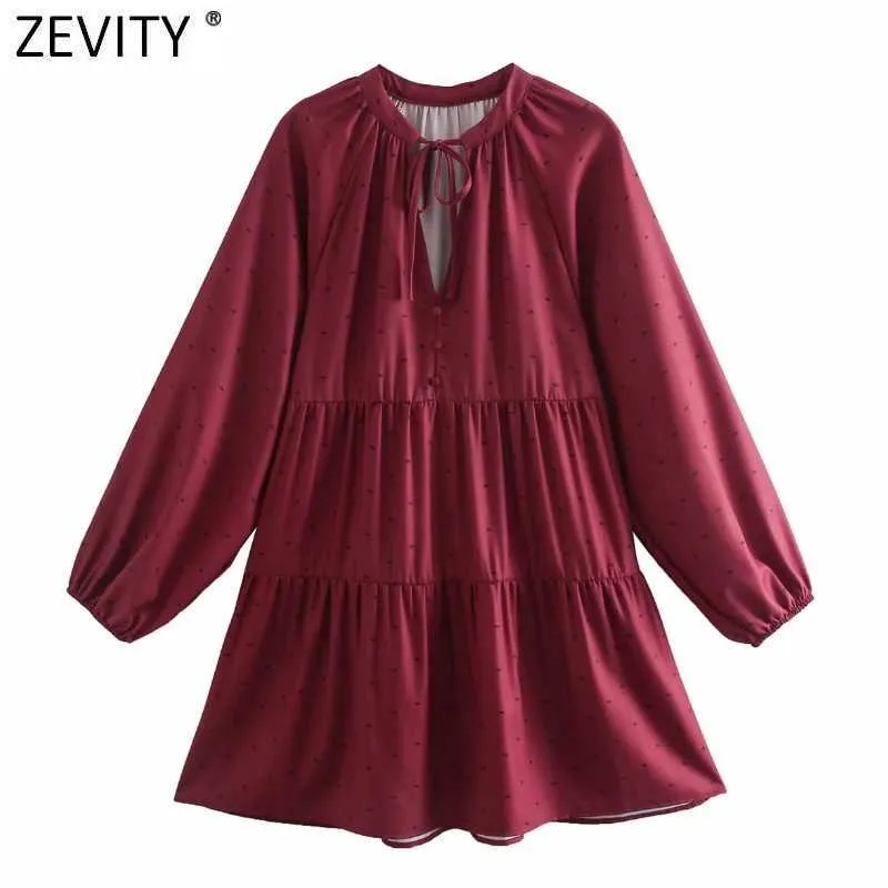 Zevity Frauen Süße V-ausschnitt Spitze Up Print Falten Mini Kleid Weibliche Langarm Casual Chic Vestido Damen Kleidung DS4958 210603