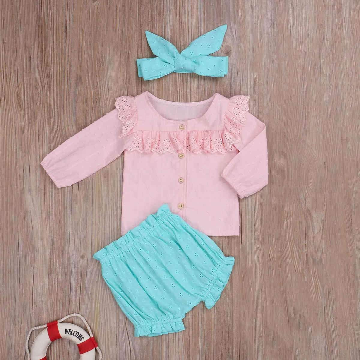 0-24 m Doğan Bebek Bebek Kız Giysileri Set Ruffles Uzun Kollu Bloomers Şort Kıyafetler Sonbahar Giyim 210515