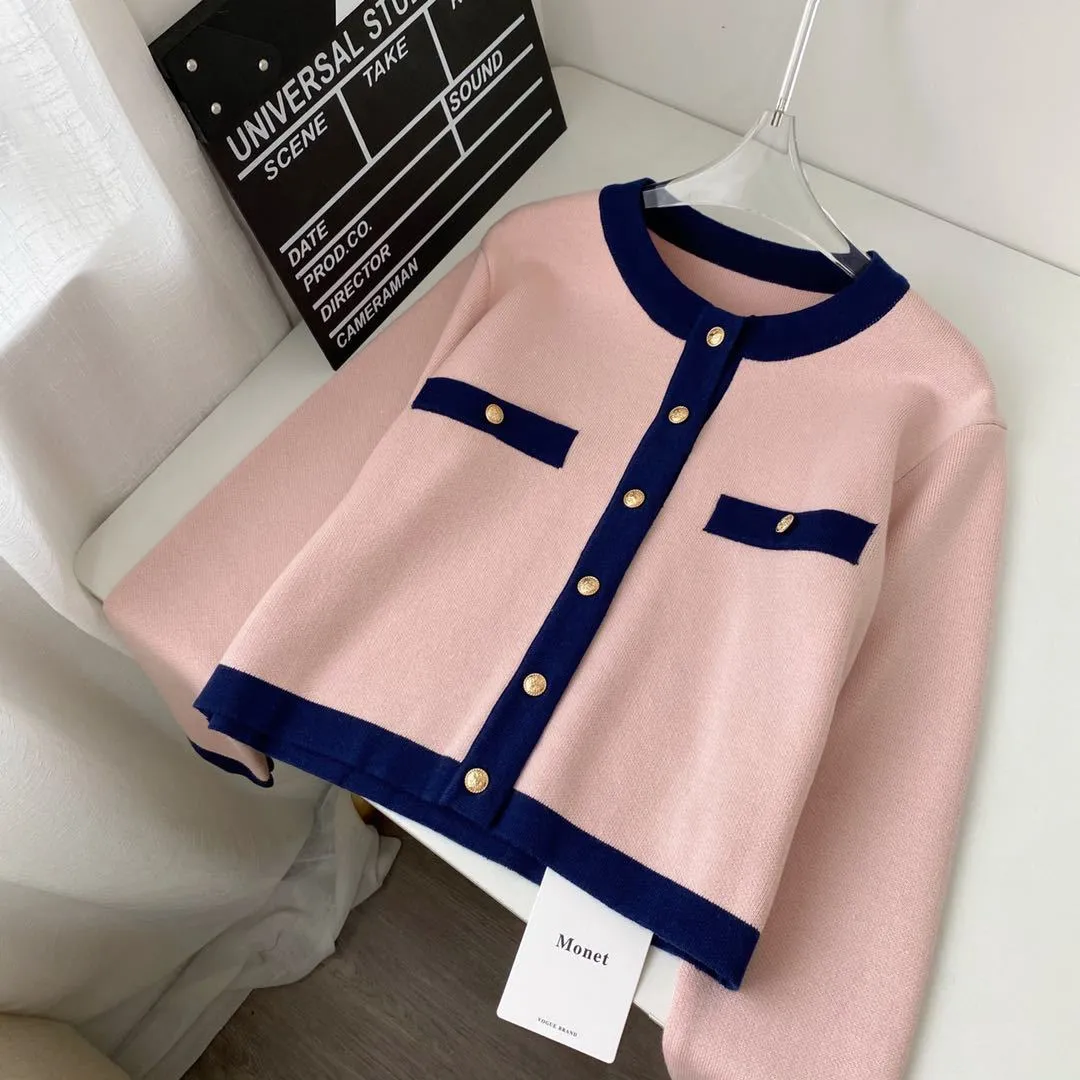 Color-blocked Knitted Cardigan Women Vintage Korean Elegant Sweater Tops O-neck Single-breasted Short Jumpers Femme 210513