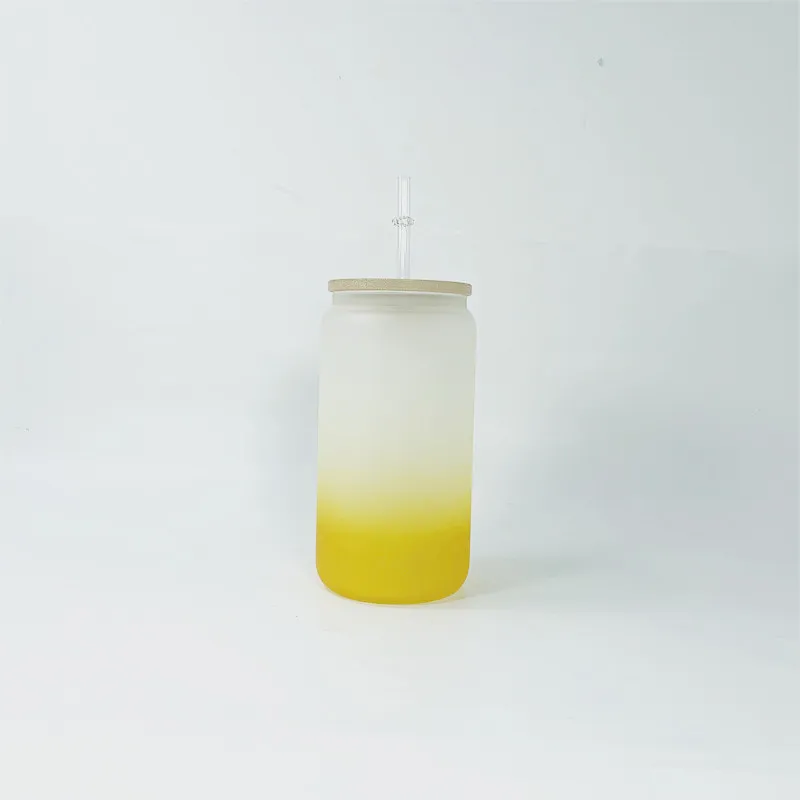 entrepôt local 16oz sublimation Gobelet en verre dégradé boîte en verre vierge givré avec couvercle en bambou paille réutilisable pot en verre coloré 233w