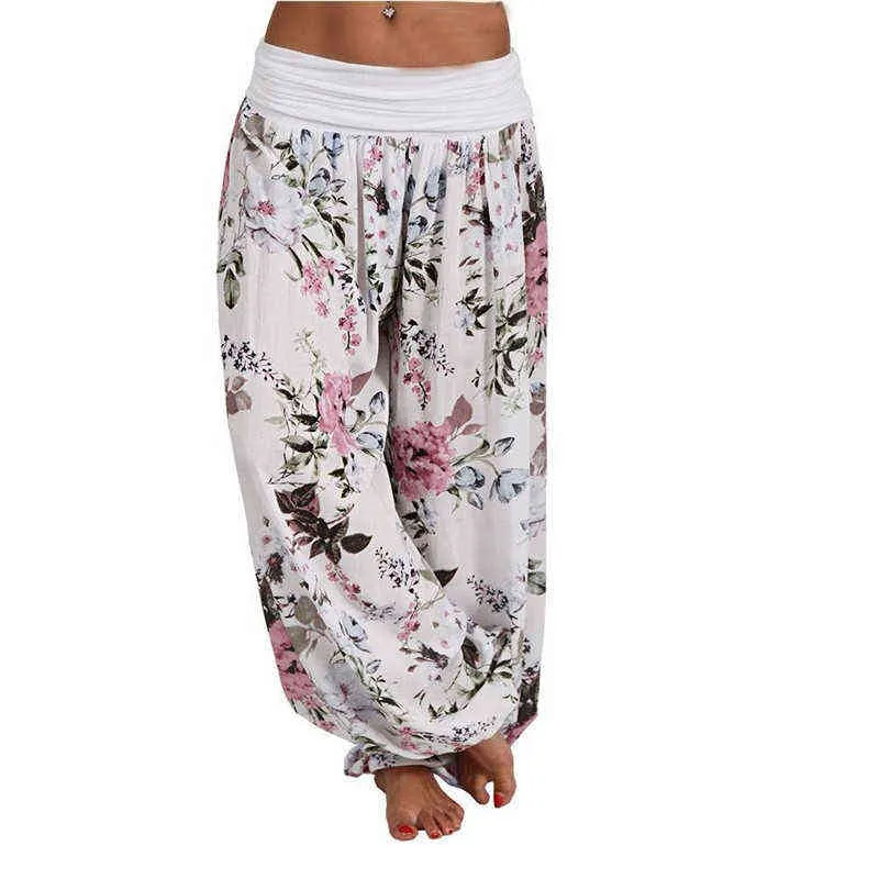 Pantalones largos con estampado floral bohemio para mujer Pantalones largos de cintura media Vintage Harem Elástico Boho Pantalones de playa de talla grande 5XL 211115
