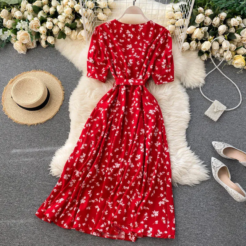 Coréen rouge élégant sexy robe femmes été automne col en v à pois robe midi taille fendue plage vestidos de fiesta vêtements 210420