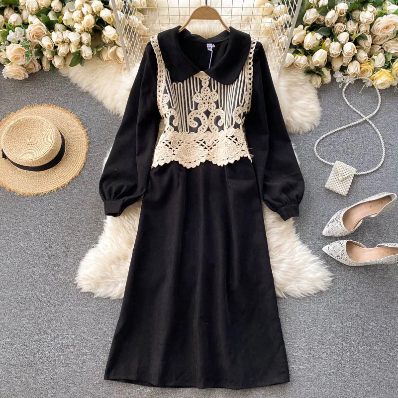 Printemps Vintage robe costumes femmes deux pièces ensemble évider Crochet gilet + manches longues velours côtelé 2 210514