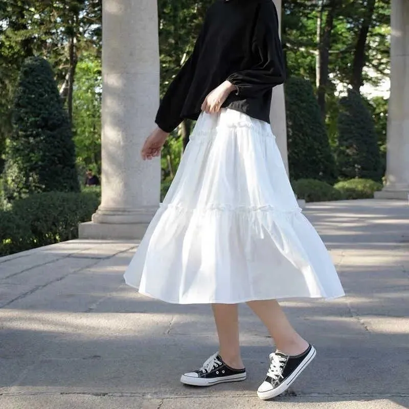 Faldas plisadas con volantes blancos de gasa para mujer, faldas largas de cintura alta de Color sólido de verano, ropa salvaje negra coreana Vintage Harajuku 210619