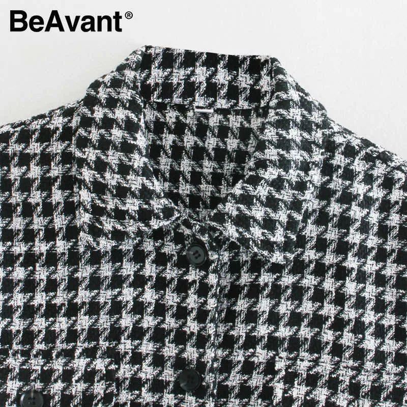 Beavant modieus Houndstooth dameshirt revers Langel Winter Office Top High Street Style Plaid Loose Shirt 210709