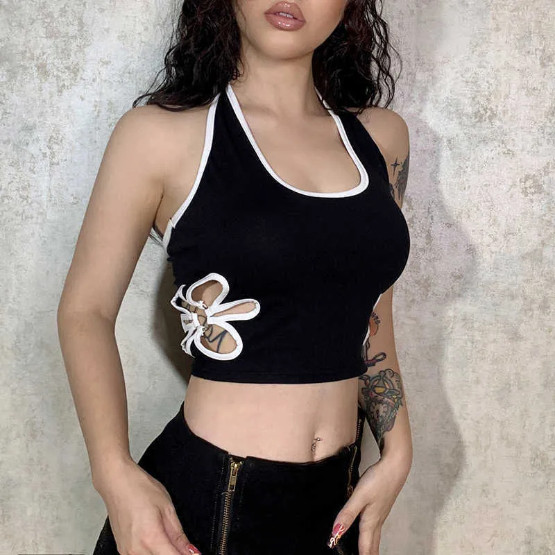 Rapwriter Y2K Hollow Out Crop Top Tie Up Goth Mini Vest Vintage Summer Backless Halter Top Women Harajuku Corset 90s Streetwear Y0824