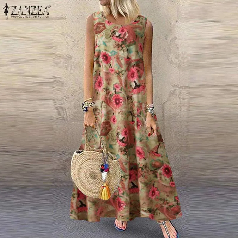 Zanzea kvinnor bohemian blommig tryckt maxi lång klänning 2021 sommar vintage ärmlös vestido casual lös plus storlek sundress x0521