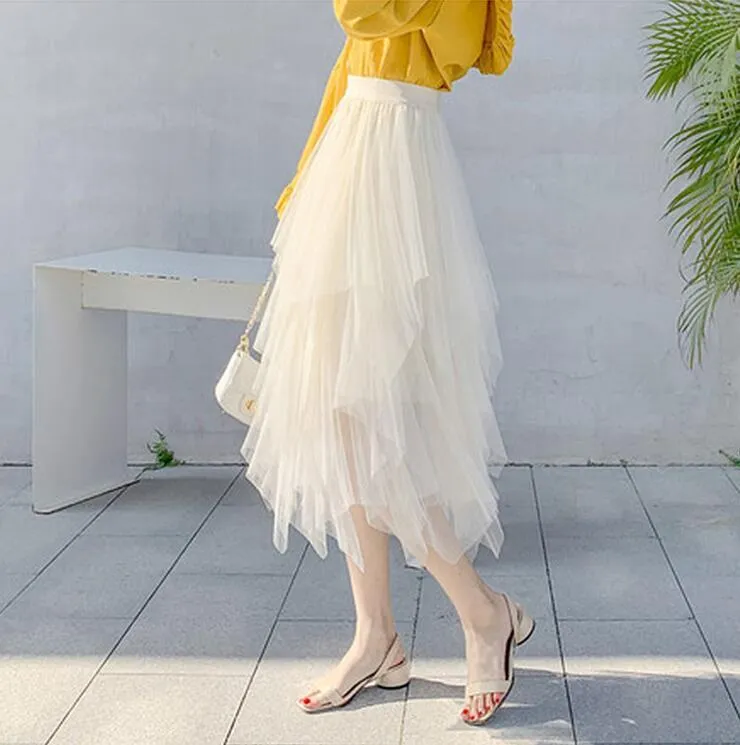 女性不規則なメッシュスカート韓国の服夏のヴィンテージ弾性ウエストプリーツ中長いAラインのスカートのフェムミ210429