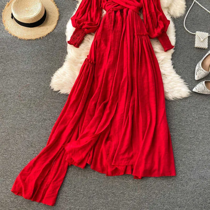 Spring Autumn Red Long Dress Women Sexy V-Neck Lantern Long Sleeve High Waist Open Back Bandage Maxi Vestidos Female New Fashion Y0603