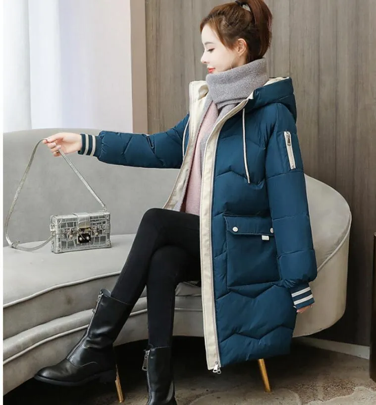秋の冬は暖かい女性のロングジャケットキルティングパフパーカールースフード付きソリッドカラーレジャーコートブルーブラック210429