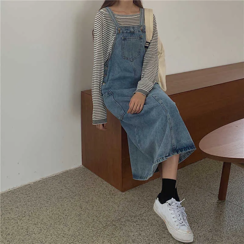 Przycisk Pocket Denim Dress Summer Koreański Vintage Midi Długość Luźne Dżinsy Dorywczo Student Suspenders Pasek Kombinezon ES 210604