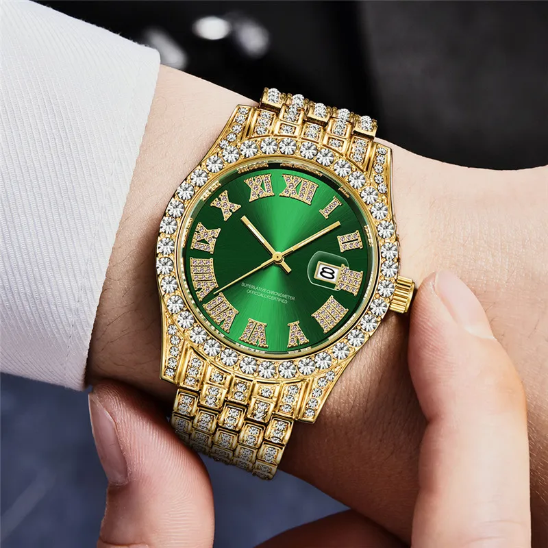 Hip Hop pleine glace sur luxe Date Quartz montres modernes pour hommes femmes mode bijoux cadeau
