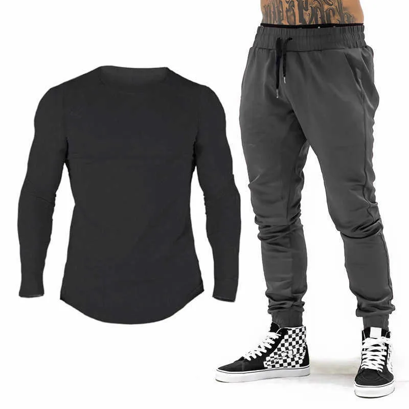 Marque Gym Vêtements Survêtement Hommes Coton T-shirt à manches longues + Pantalons de jogging Hommes Bodybuilding Fitness Jogging Sweatpant Survêtement X0610