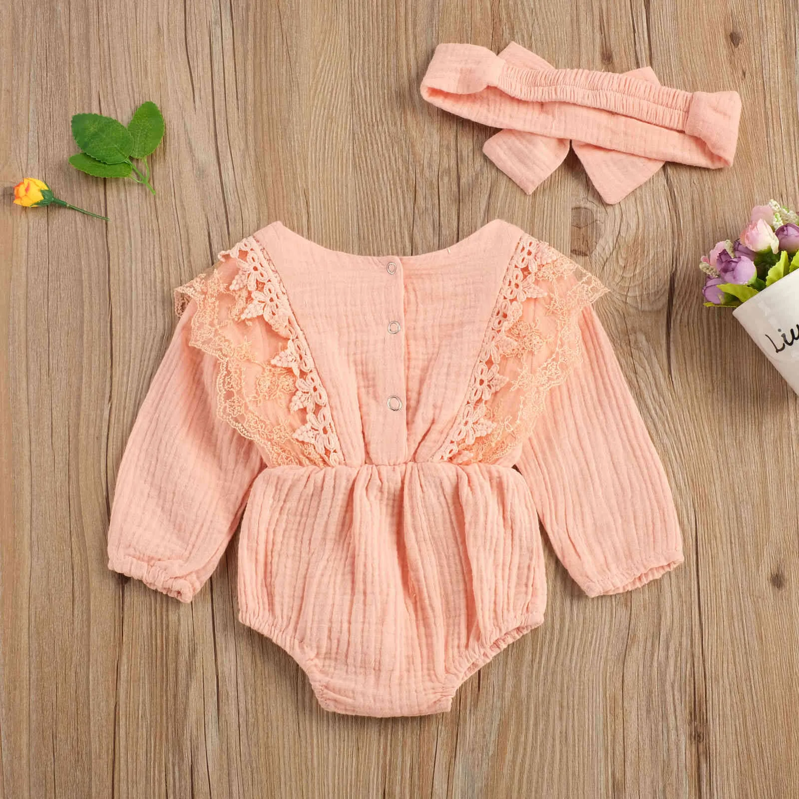 0-18M Spring Autumn born Infant Baby Girl Ruffles Romper Lace Long Sleeve Jumpsuit Playsuit Clothes 210515