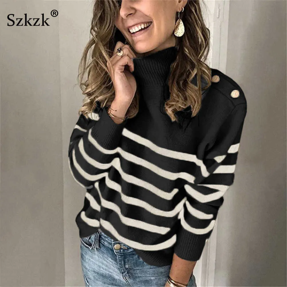 Szkzk Noir Et Blanc Rayé Pull En Tricot Bouton Femmes Pull Femme Pull Automne Hiver À Manches Longues Col Roulé Sexy Chandails 210812