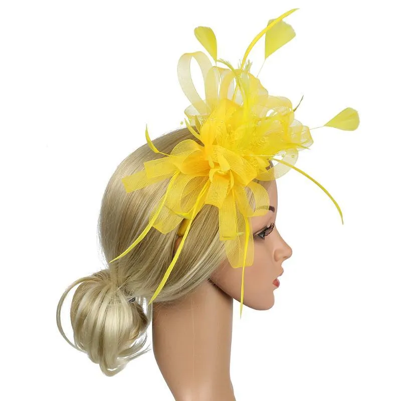 인색 가슴 모자 Fedoras Feather Mesh Women Bow Knot Day Hair Accessory Banquet Facinator Headband 선물 웨딩 신부 칵테일 2927