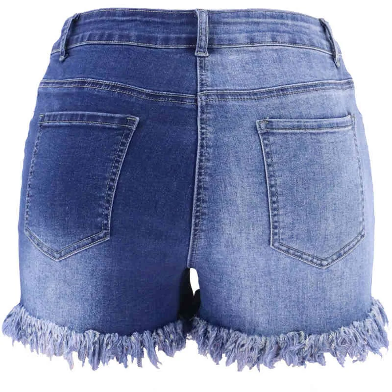 Kvinnor Bicolor Denim Shorts Slim Sexy Ripped Burr Patchwork Jeans Femme High Waist Skinny Tassel Vintage Y2K Korta Byxor 210517