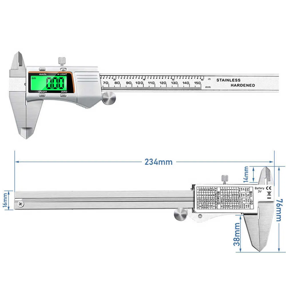 Acier inoxydable métal coquille numérique pied à coulisse électronique Vernier rétro-éclairage écran 0-150mm outils de mesure 210810