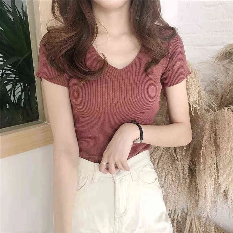 Vintage V-Neck Short Sleeve T-shirt 2022 Woman Slim Solid Color T Shirt Summer Korean Style Retro Tee Tops For Women G220228