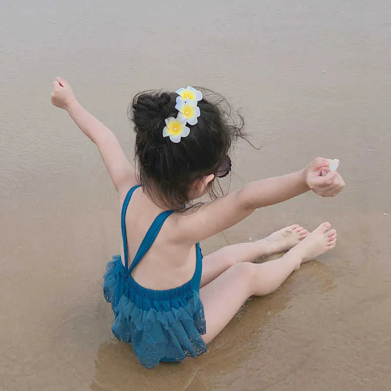 Enfants pièce maillot de bain bébé filles princesse robe une fleur dos nu enfants maillots de bain 210702