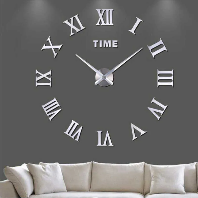 Nowoczesne cyfry rzymskie duże zegar DIY Duży zegar ścienny 3D Lustro Naklejka Naklejka Wystrój Home Decor Art Gigant Zegar ścienny zegarek 210930