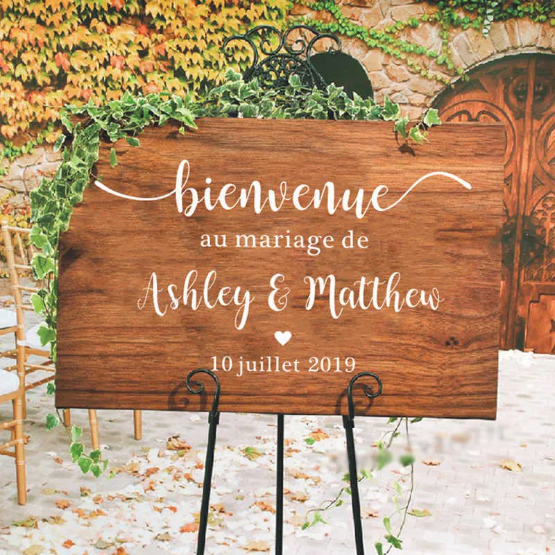 Pegatinas de vinilo de espejo de boda de estilo francés, nombres personalizados, letrero de bienvenida de boda, murales, decoración romántica de boda O303 210615