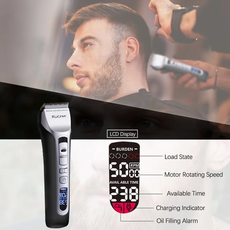 Rucha Barber Electric Hair Clipper laddningsbar trimmer Ceramic Blade LCD Display Salon Men Cutting Machine 220216