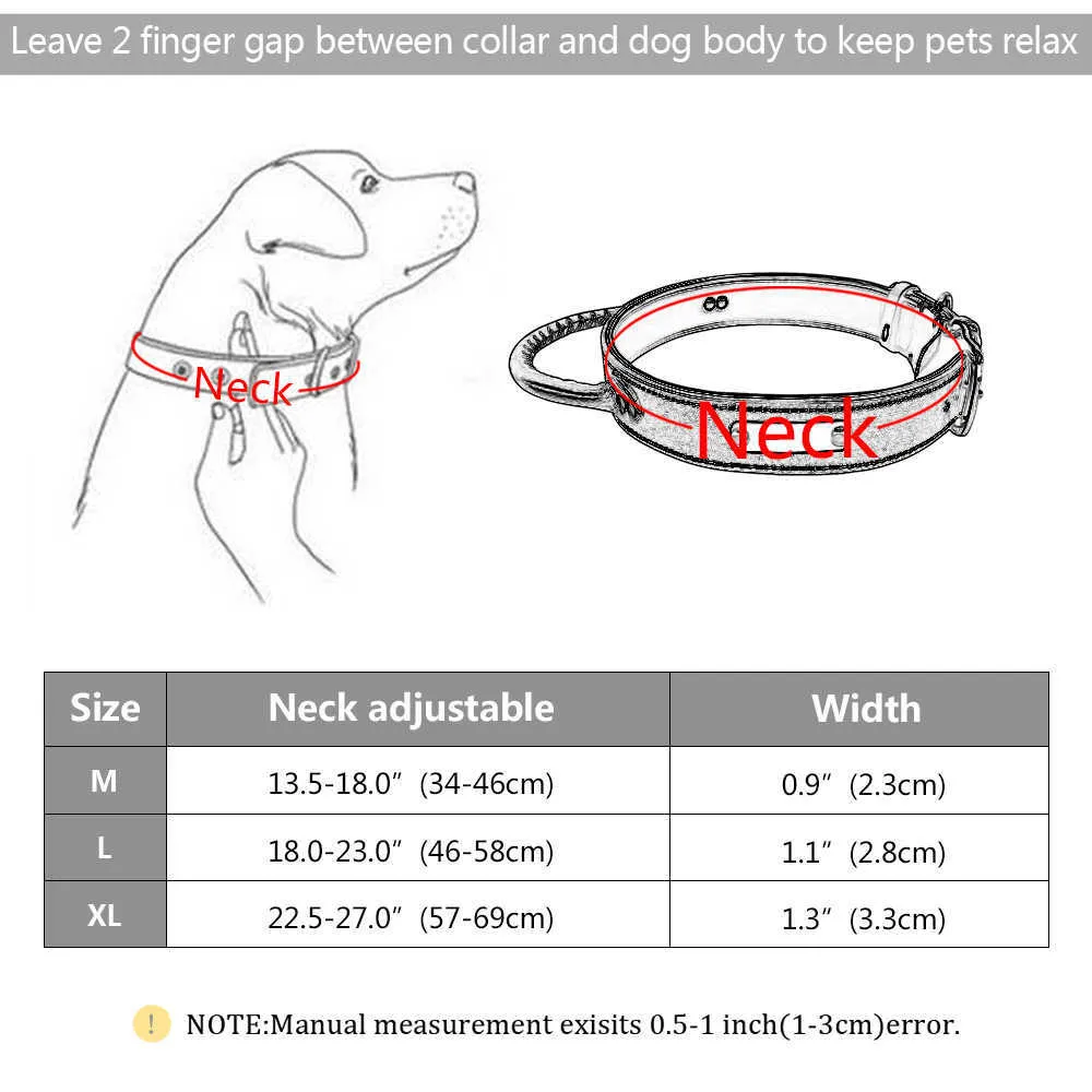 Soft Custom Leather Dog Collar Gepersonaliseerde PET ID-tagkraag met handvat gegraveerd naamplaatje voor middelgrote grote honden instelbare 211006