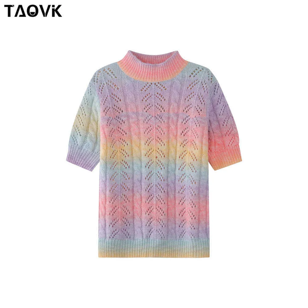 TAOVK Tie Day Pull tricoté Femme Rainbow Kawaii Pull Femmes Manches courtes O-Cou Candy Outwear Femme Sweet Top Jumpers 210806