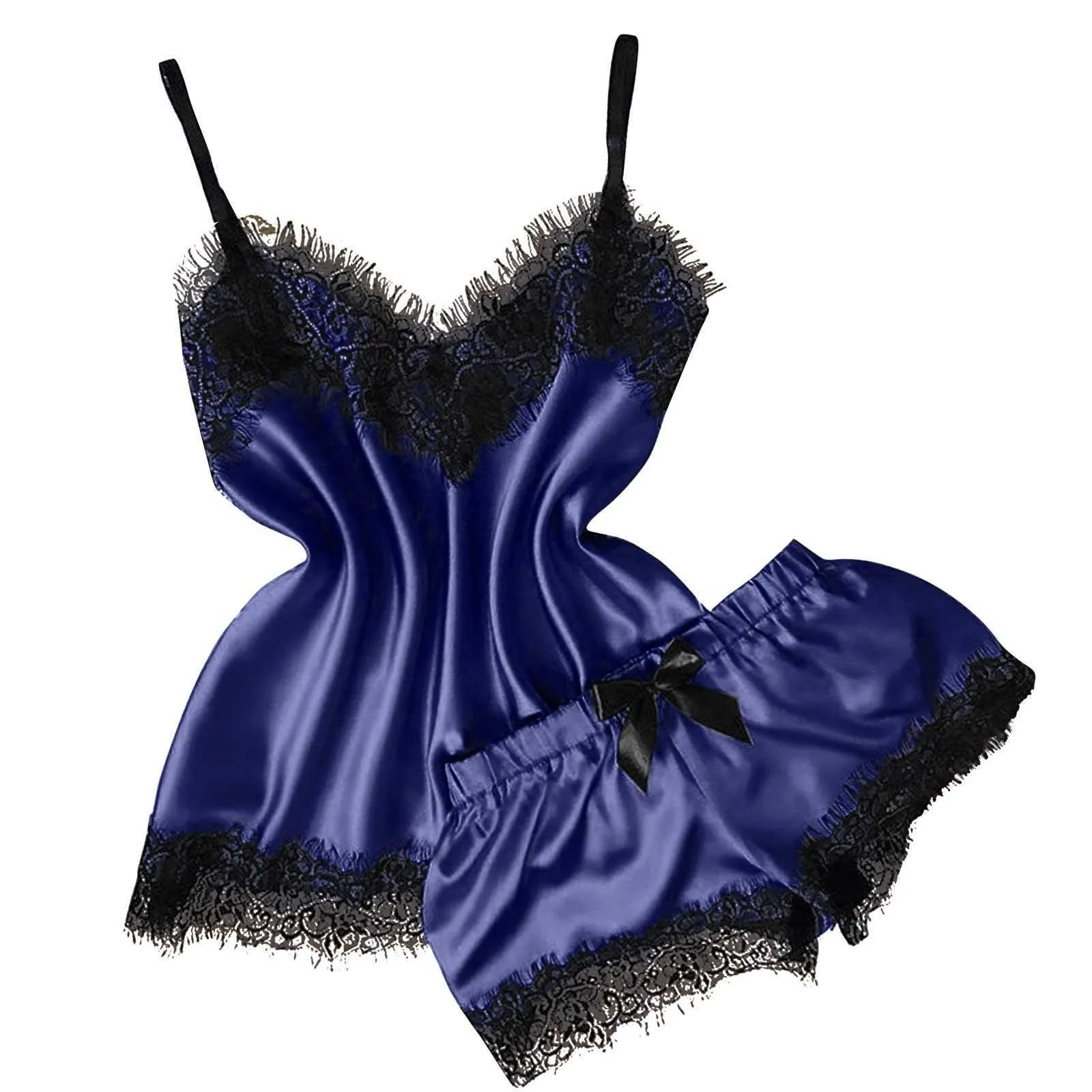 Kvinnor Solid Färg Casual Sexig Pyjamas Set V-Neck Eyelash Lace Satin Tight Midja Camisole Bowknot Shorts Q0706