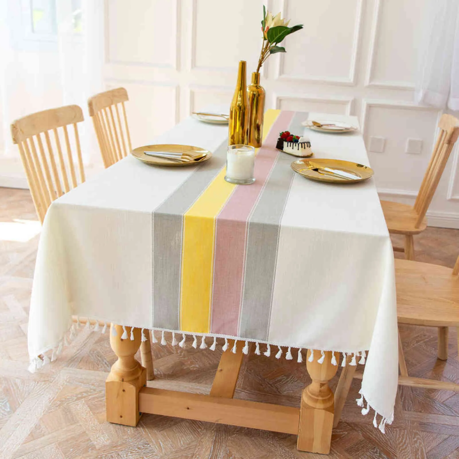 Nordic Christmas Party Tablecloth Grey Striped Upscale Cotton Linen Stitching Tassel Rectangular cloth el Cover 211103