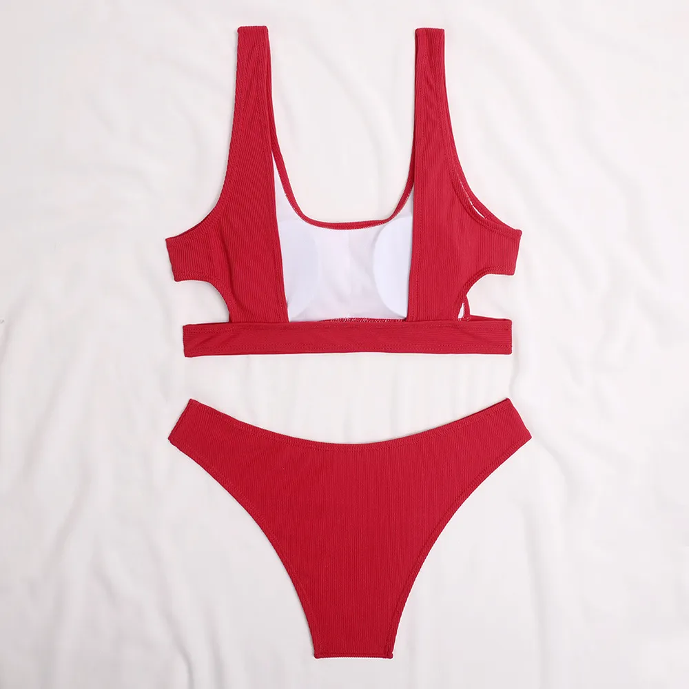 Sexy Bikini Damen Badeanzug Cut Out Bademode Frauen Bandeau Rot Set Gerippte Badeanzüge Sommer Brasilianischer Biquini 210520