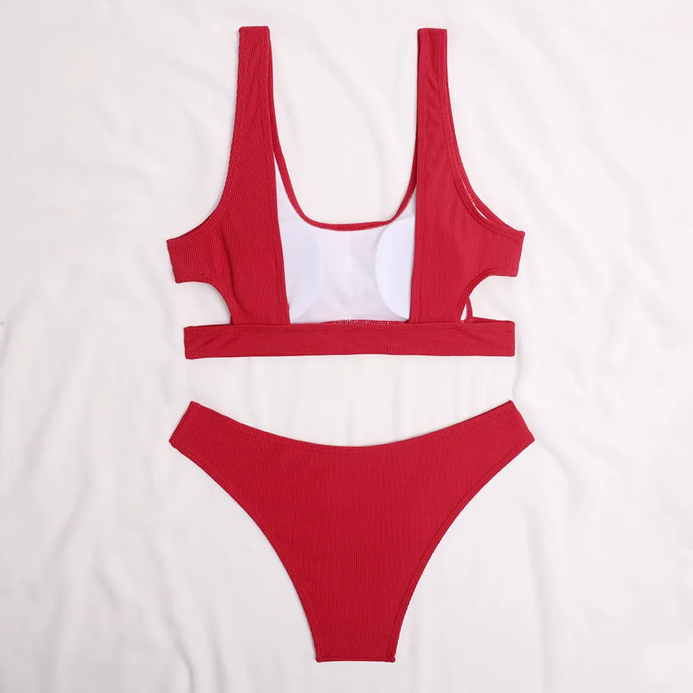 Sexy Bikini Women's Swimsuit Cut Out Swimwear Women Bandeau Red Set Ribbed Bathing Suits Summer Brazilian Biquini 210520