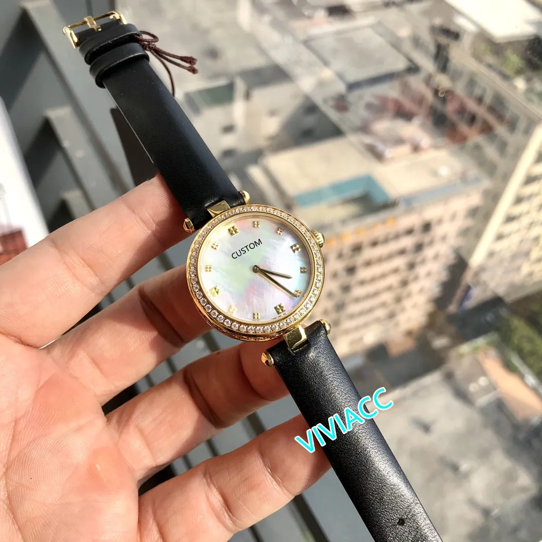 Luxury Women geometric zircon diamond watches Natural Mother of pearl shell Clock Female Real Leather quartz watch 32mm
