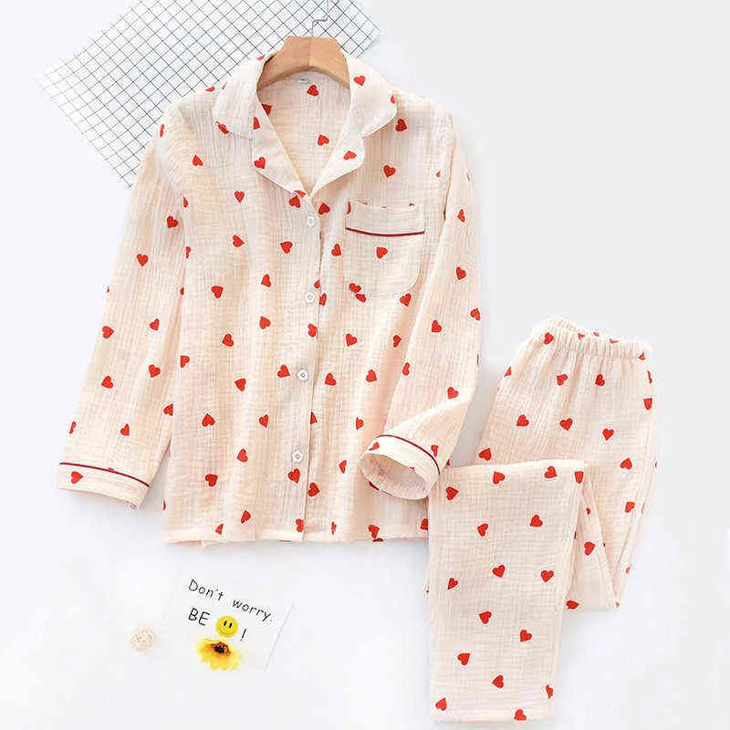 Spring Ladies Pajamas Set Heart Printed Crepe Cotton Double-layer Gauze Turn-down Collar Long-sleeve Trousers Household Wear 211112