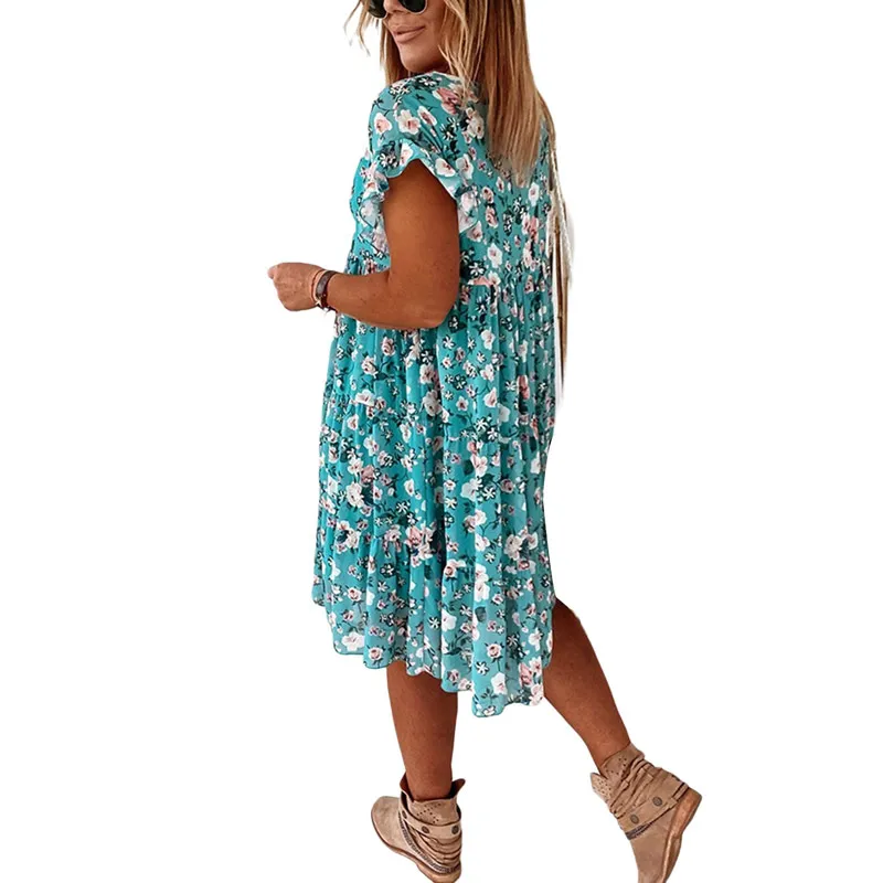 Kadınlar Elbise Gevşek Çiçek Baskı Kelebek Kısa Kollu O-Boyun Yaz Rahat Zarif Bayan Giyim 210522