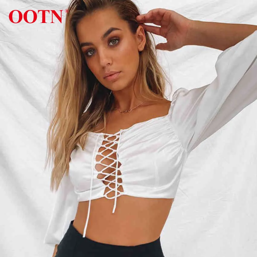 OOTN White Sexy Crop Tops Female Lantern 3/4 Sleeve Lace Up Hollow Out V-Neck Satin Shirt Casual Women Blouse Silk Top 2019 X0521