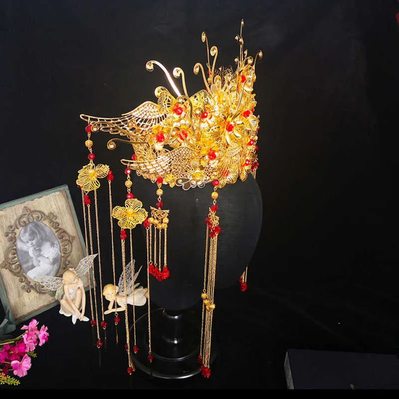 Himstory klasyczny chiński ślub Phoenix Queen Coronet Crown Brides Gold Hair Akcesoria biżuterii Tassel Wedding Hairwear H08272419