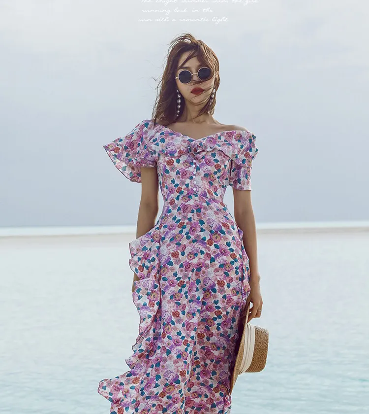 violet volants slash cou floral maxi robes pour femmes station de vacances chic style victorien vintage roupas femininas corde 210421