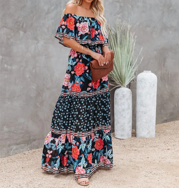 Sommartryck vintage långa klänningar för kvinnor sexig off-shoulder ruffle mode boho fest maxi klänning damer strand sundress 220215